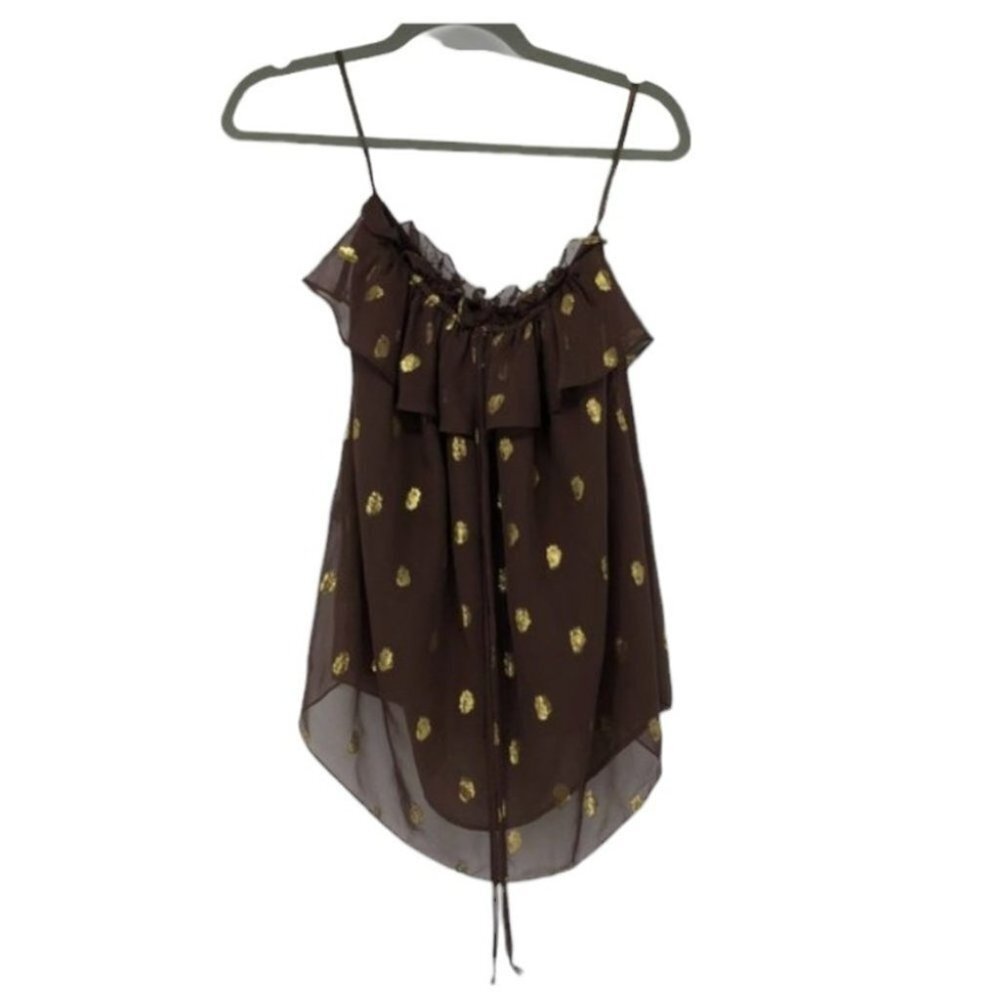 NWT Milly New York Brown silk metallic  gold polka dot ruffle multi-tie tank top